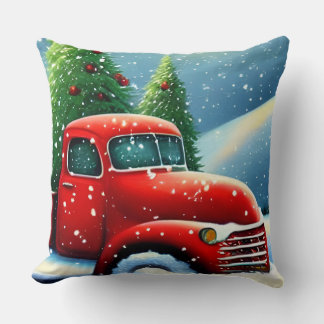 Kerstmis Vintage Rode Truck en Sneeuwbomen Kussen