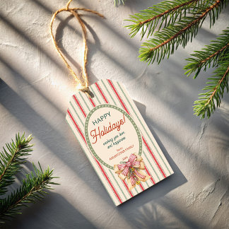 Kerstmis vintage rood groen strepen met belletjes cadeaulabel