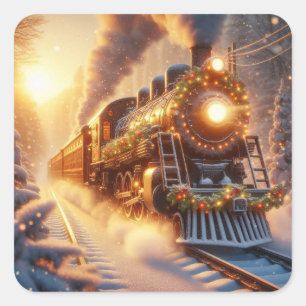 Kerstmis Vintage Vakantie Trein Besneeuwde Winter Vierkante Sticker