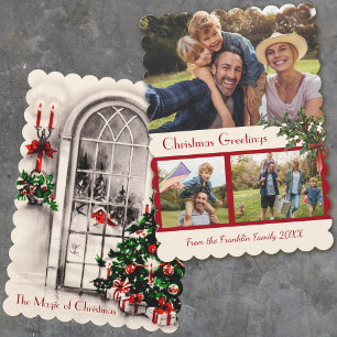 Kerstmis Vintage Venster 2-zijdige Platte Fotokaar Feestdagenkaart