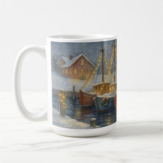 Kerstmis vissersboten in de haven koffiemok