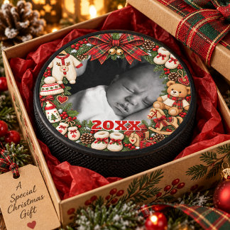 Kerstmis voor baby met aangepaste foto en jaar hockey puck