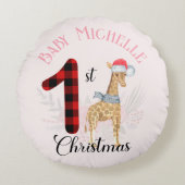 Kerstmis voor baby's 1e met grappige giraffe en ke rond kussen (Voorkant)
