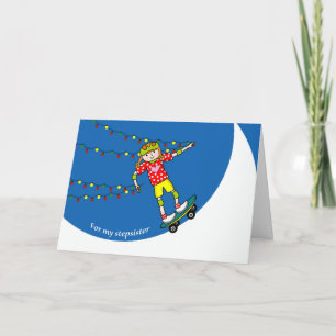 Kerstmis voor stiefzus, skateboarder en lichten feestdagen kaart