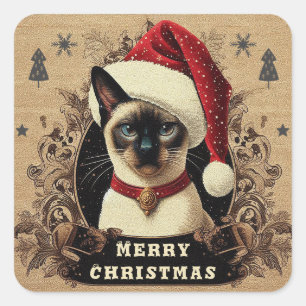 Kerstmis vorstelijke Siamese kat, Kerstmis Santa K Vierkante Sticker