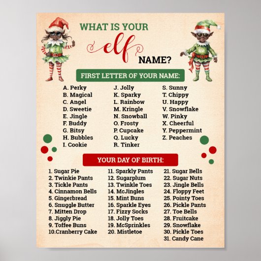 Kerstmis Wat is je Elf Game Sign Poster (Voorkant)