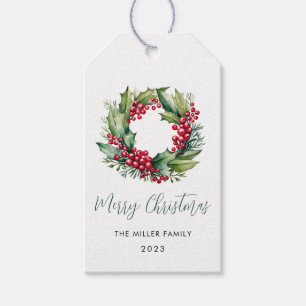 Kerstmis Waterverf Berries en Greenery Wreath Cadeaulabel