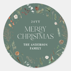 Kerstmis waterverf botanische bloemwijze groen ronde sticker