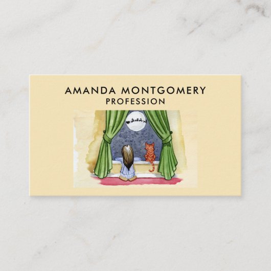 Kerstmis Waterverf Cute Child & Kitty Cat Visitekaartje (Voorkant)