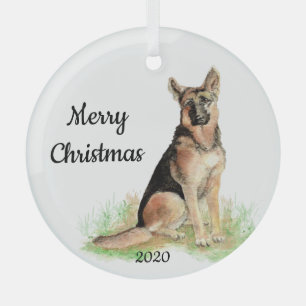 Kerstmis waterverf Duitse Herdershond met datum Glas Ornament