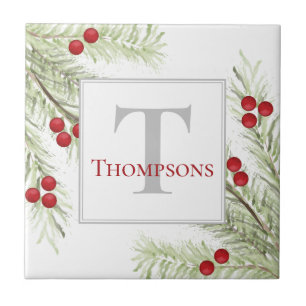 Kerstmis Waterverf Holly Berries Pine Greenery Tegeltje