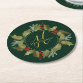 Kerstmis Waterverf Monogram Script Holly Wreate Ronde Kartonnen Onderzetter (Gebogen)