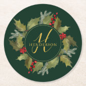 Kerstmis Waterverf Monogram Script Holly Wreate Ronde Kartonnen Onderzetter (Voorkant)