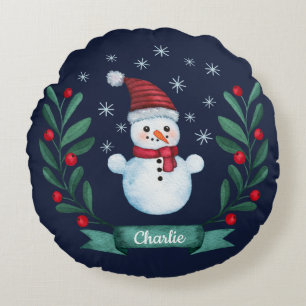 Kerstmis - Waterverf Snowman - Aangepaste marine b Rond Kussen
