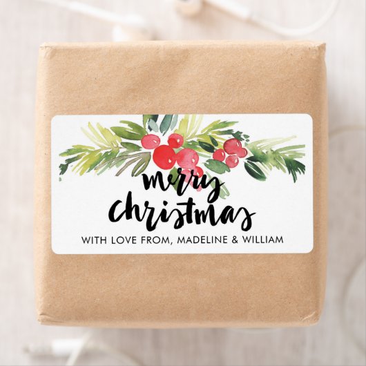 Kerstmis | Waterverf - Vrolijk kerstfeest Holly Etiket (Insitu)