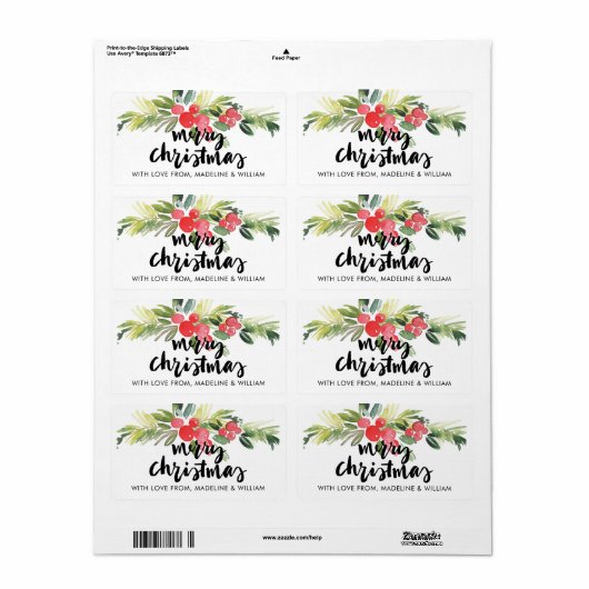 Kerstmis | Waterverf - Vrolijk kerstfeest Holly Etiket (Full Sheet)