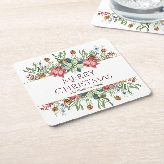 Kerstmis Waterverf Winterbloemen Naam Vierkante Kartonnen Onderzetter (Schuin)