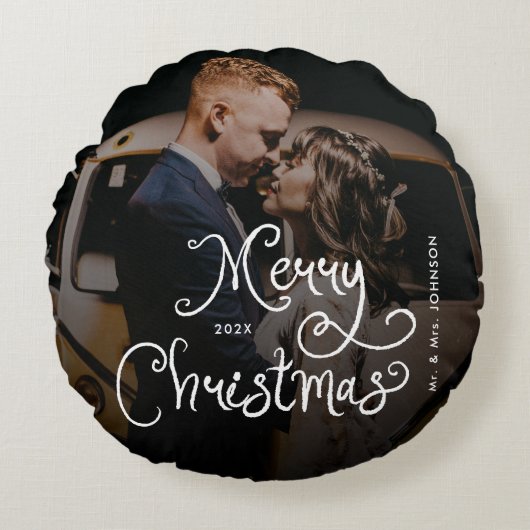 Kerstmis Whimsical Script Aangepaste foto Rond Kussen (Voorkant)