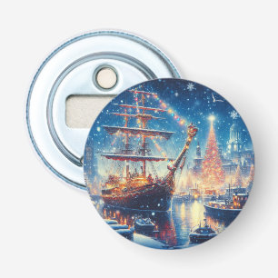 Kerstmis/Winter aangemeerd schip Button Flesopener