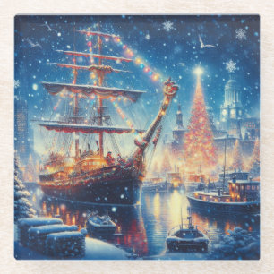 Kerstmis/Winter aangemeerd schip Glazen Onderzetter