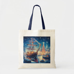 Kerstmis/Winter aangemeerd schip Tote Bag