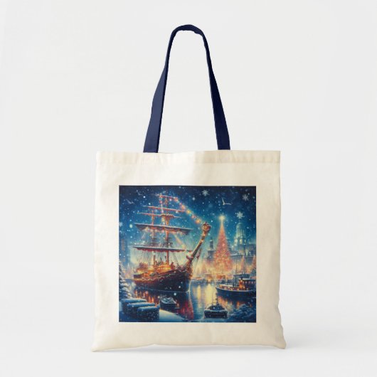 Kerstmis/Winter aangemeerd schip Tote Bag (Voorkant)