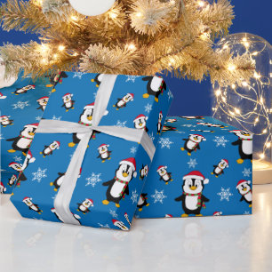 Kerstmis Winter Pinguïn op Aangepaste Blauwe Achte Cadeaupapier