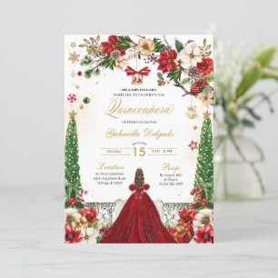 Kerstmis Winter Poinsettia Rood Goud Quinceanera Kaart