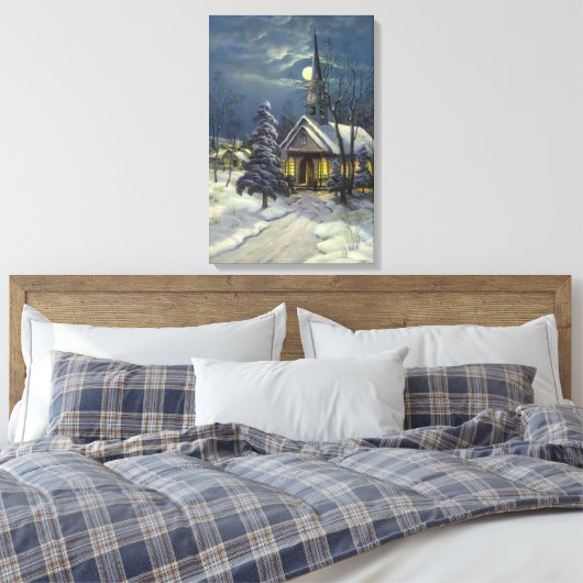 Kerstmis, winterkerk in sneeuw met maan canvas afdruk (Insitu (Slaapkamer))