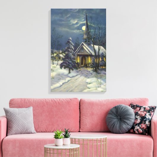 Kerstmis, winterkerk in sneeuw met maan canvas afdruk (Insitu (Woonkamer))