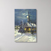 Kerstmis, winterkerk in sneeuw met maan canvas afdruk (Voorkant)