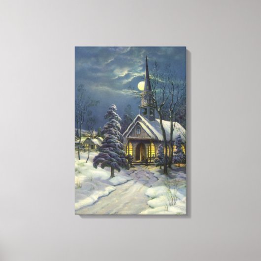 Kerstmis, winterkerk in sneeuw met maan canvas afdruk (Voorkant)