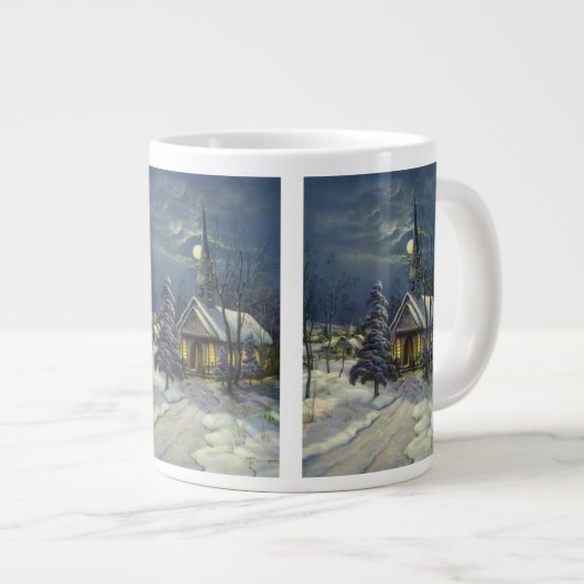 Kerstmis, winterkerk in sneeuw met maan extra grote beker (Voorkant rechts)