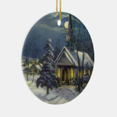 Kerstmis, winterkerk in sneeuw met maan keramisch ornament (Rechts)