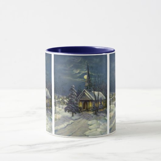 Kerstmis, winterkerk in sneeuw met maan mok (Midden)