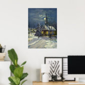 Kerstmis, winterkerk in sneeuw met maan poster (Thuiskantoor)