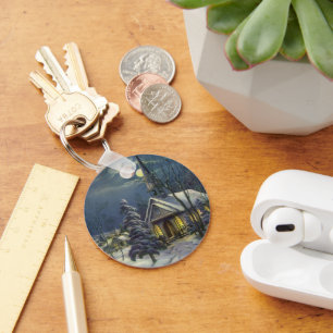 Kerstmis, winterkerk in sneeuw met maan sleutelhanger