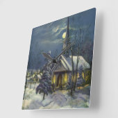 Kerstmis, winterkerk in sneeuw met maan vierkante klok (Hoek)