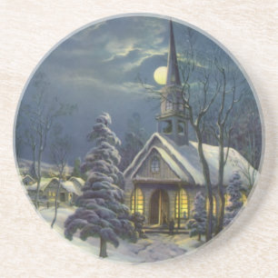 Kerstmis, winterkerk in sneeuw met maan zandsteen onderzetter