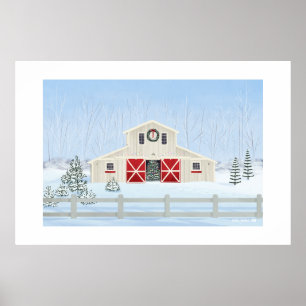 Kerstmis-winterlandschap met sneeuw boerderij grot poster