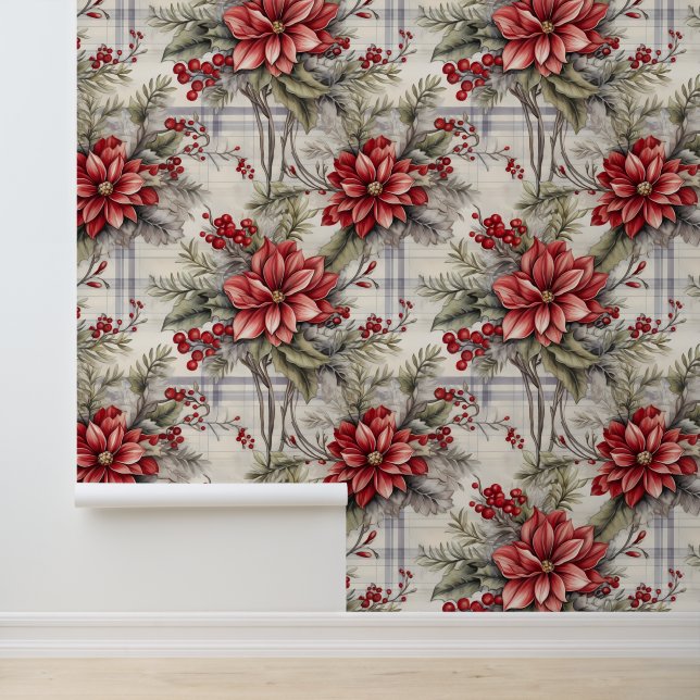 Kerstmis Wit Rood Poinsettia Bloem Holly Berry Behang (Applicatie)