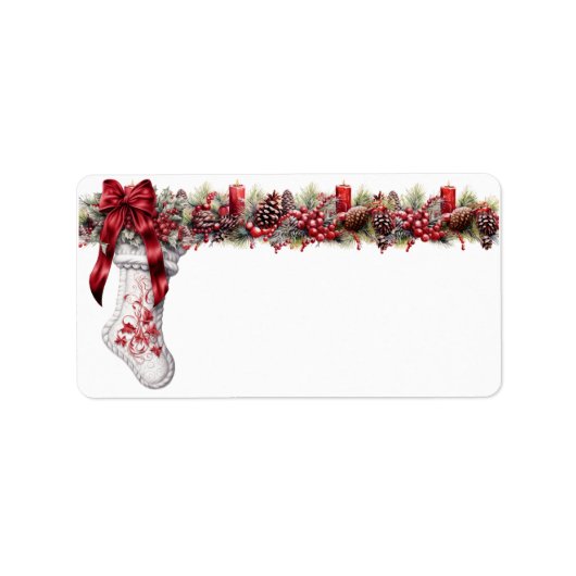 Kerstmis Witte Sock Red Satijnen Lint Etiket (Voorkant)