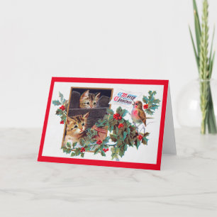 Kerstmis, Xmas Kitten en Vogeltje Kaart