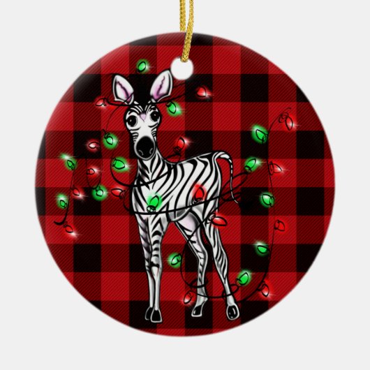 Kerstmis, Zebra met xmas, rode vlecht Keramisch Ornament (Voorkant)