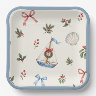 Kerstmis zeilboot aan de kust & strikken Vakantie Papieren Bordje