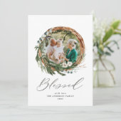 Kerstmis zilver gezegend script botanische 1 foto feestdagenkaart (Staand voorkant)