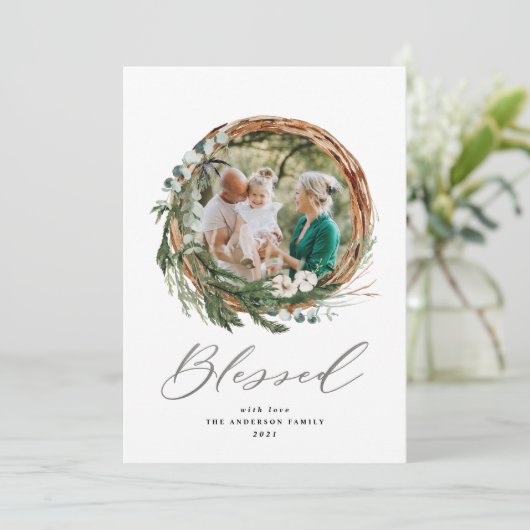 Kerstmis zilver gezegend script botanische 1 foto feestdagenkaart (Staand voorkant)