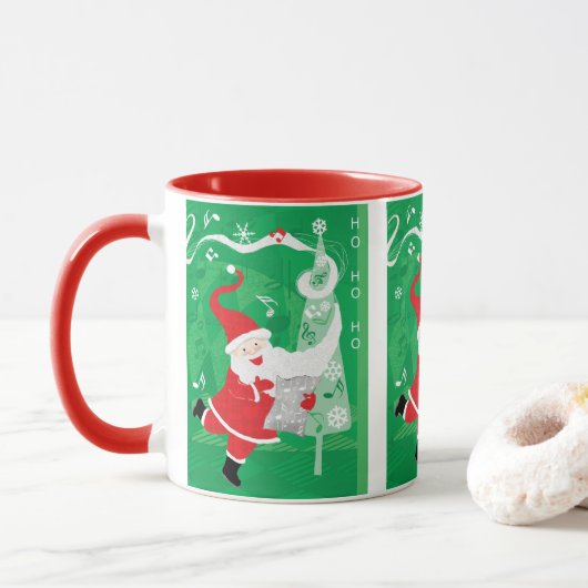 Kerstmis, zingende en dansende kerstman mok (Met donut)