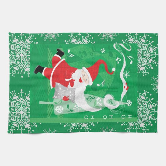 Kerstmis, zingende en dansende kerstman theedoek (Horizontaal)