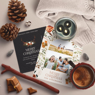 Kerstmis zwart botanisch elegant hert 3 foto folie feestdagen briefkaart